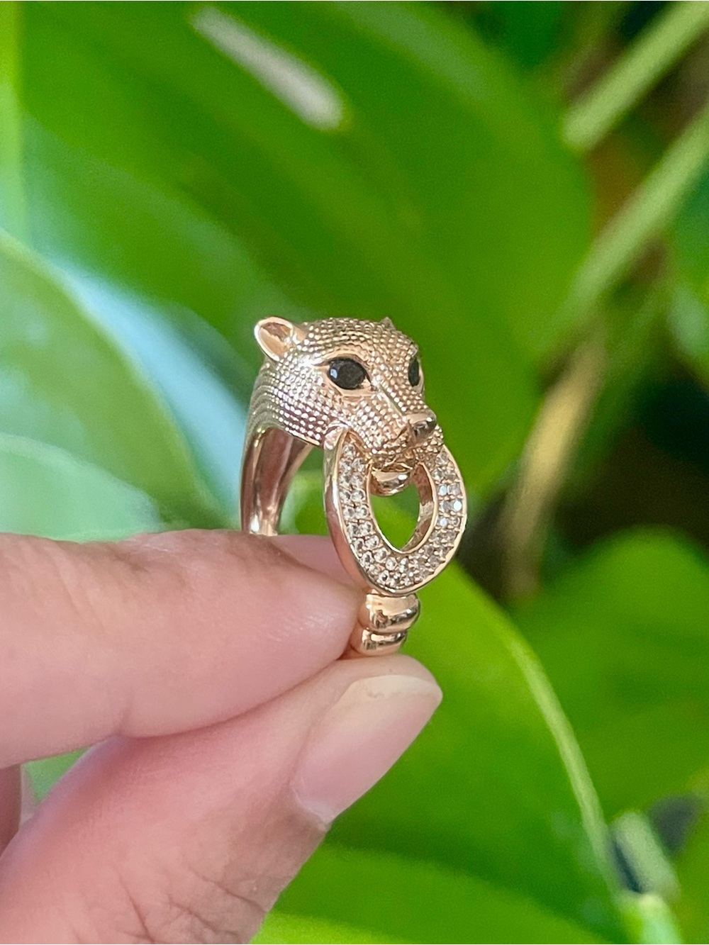 Gold Panther Head Ring with Pavé Hoop